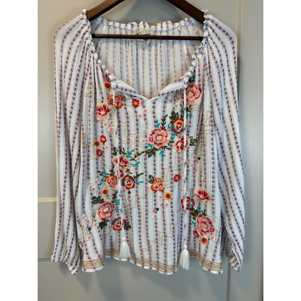Savanna Jane White Floral Embroidered Boho Peasant Blouse